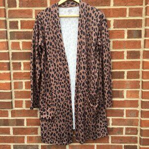 Tickled Teal Cardigan Womens XL Brown Black Animal Print Pockets Open Front